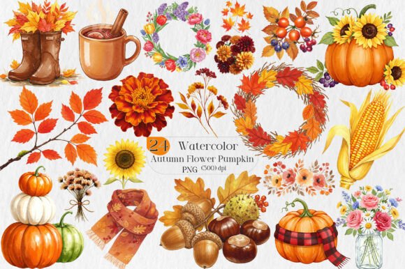 Download Watercolor Autumn Flower Pumpkin Designs - Premium Resources